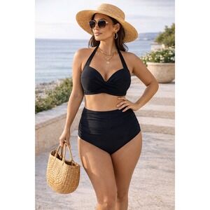 Tempt Me Black Halter Bikini Set | High-Waisted Tummy Control | Size Large | NWT